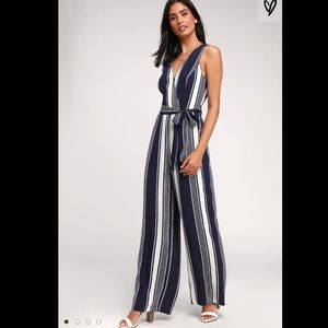 Lulu’s Maisee Navy Blue and White Striped Jumpsuit